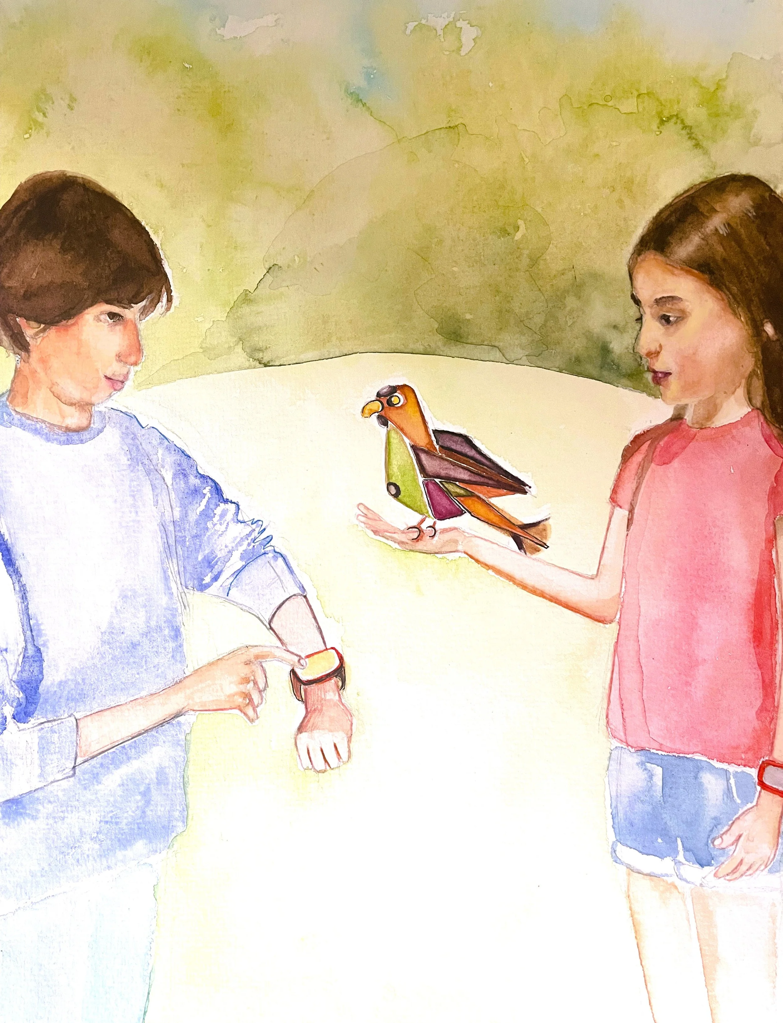 Watercolor painting of a boy and girl looking at a small bird on the girl's hand.