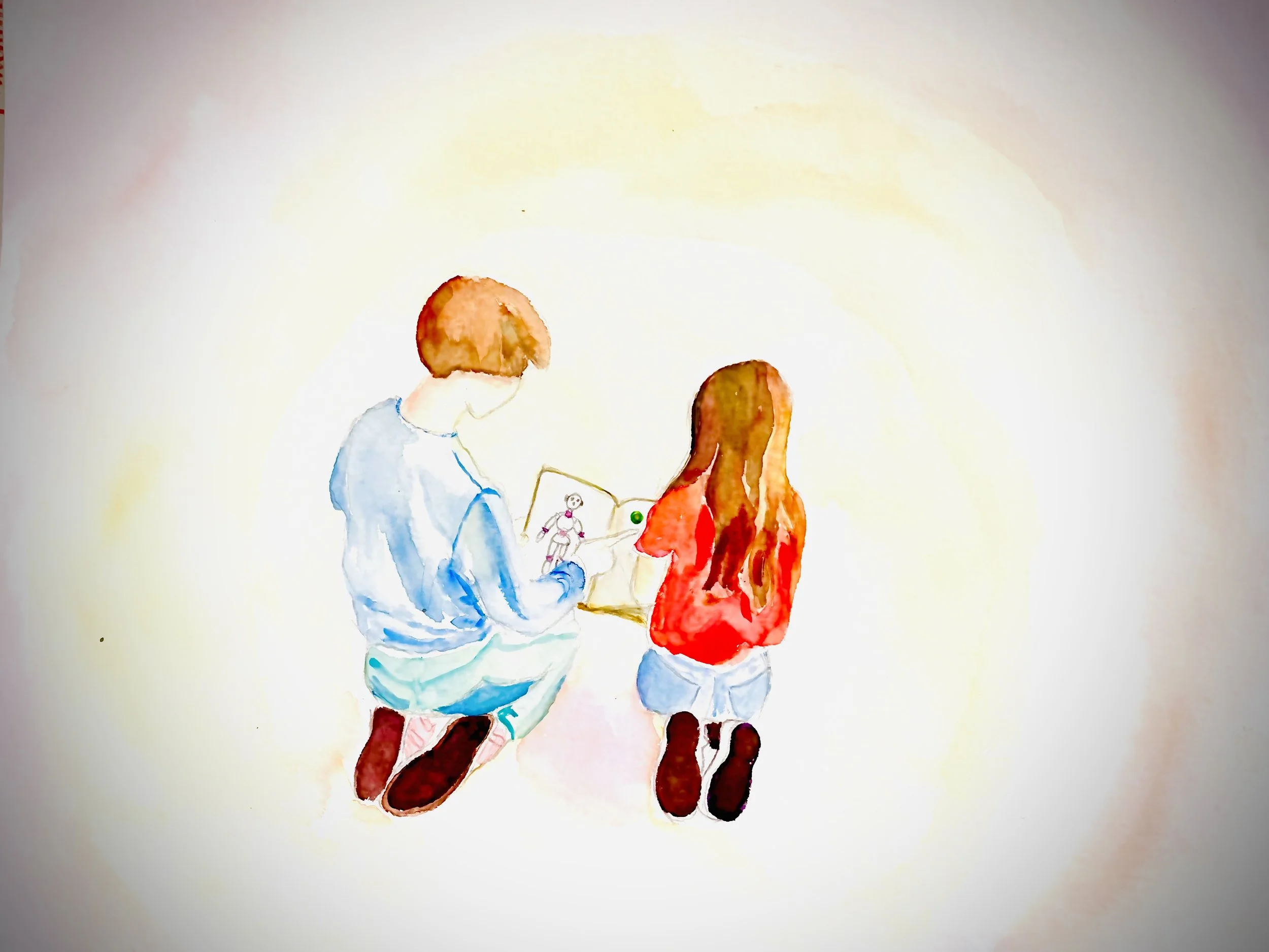 A watercolor illustration of a boy and girl looking at a book featuring a robot. The image is painted in soft pastel colors with a minimal background.