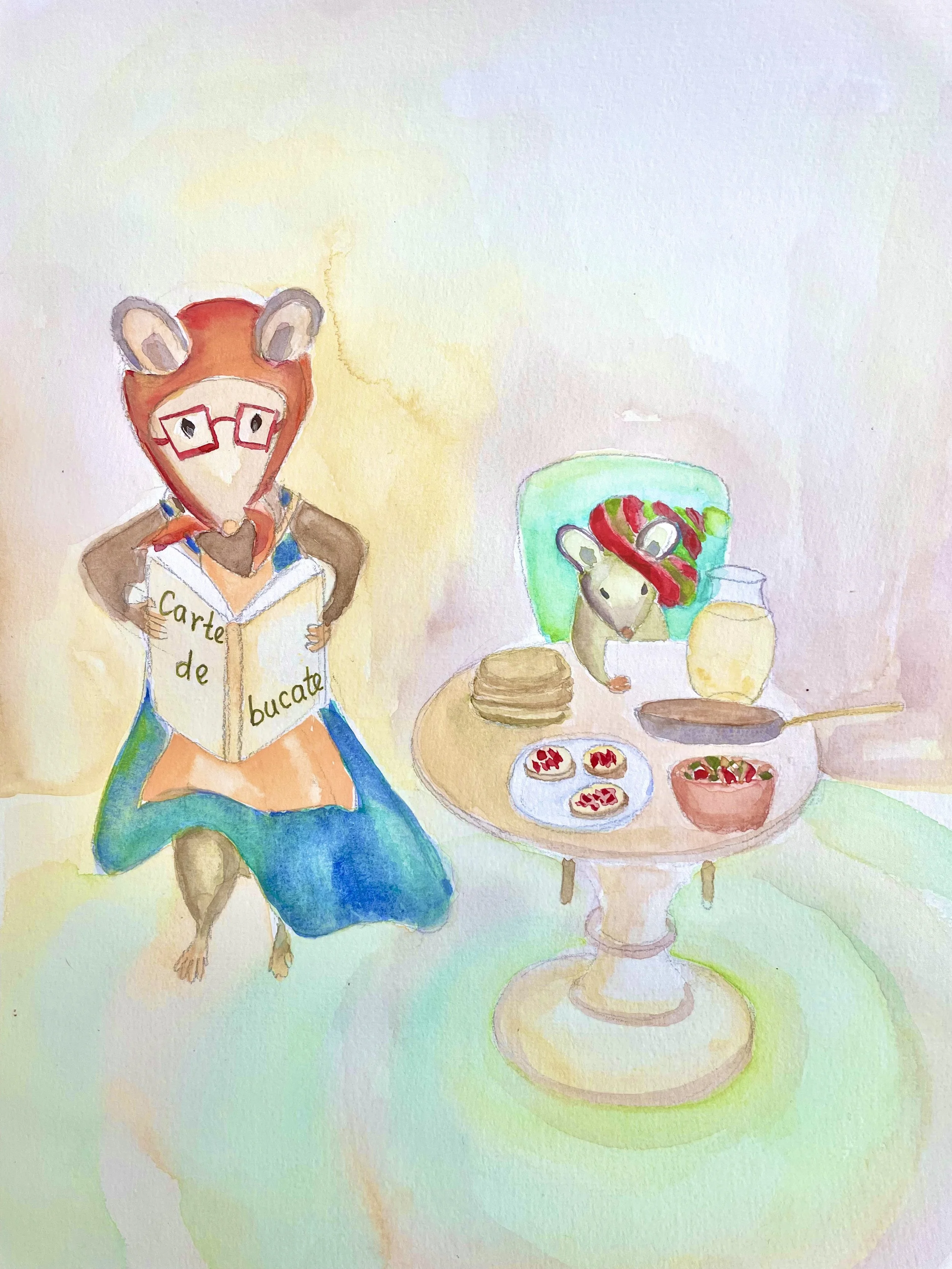 A watercolor illustration of a mouse reading a cookbook, with a table covered with food, including pancakes and strawberries, and a small mouse wearing a red-and-green striped winter hat sitting in a green high chair.