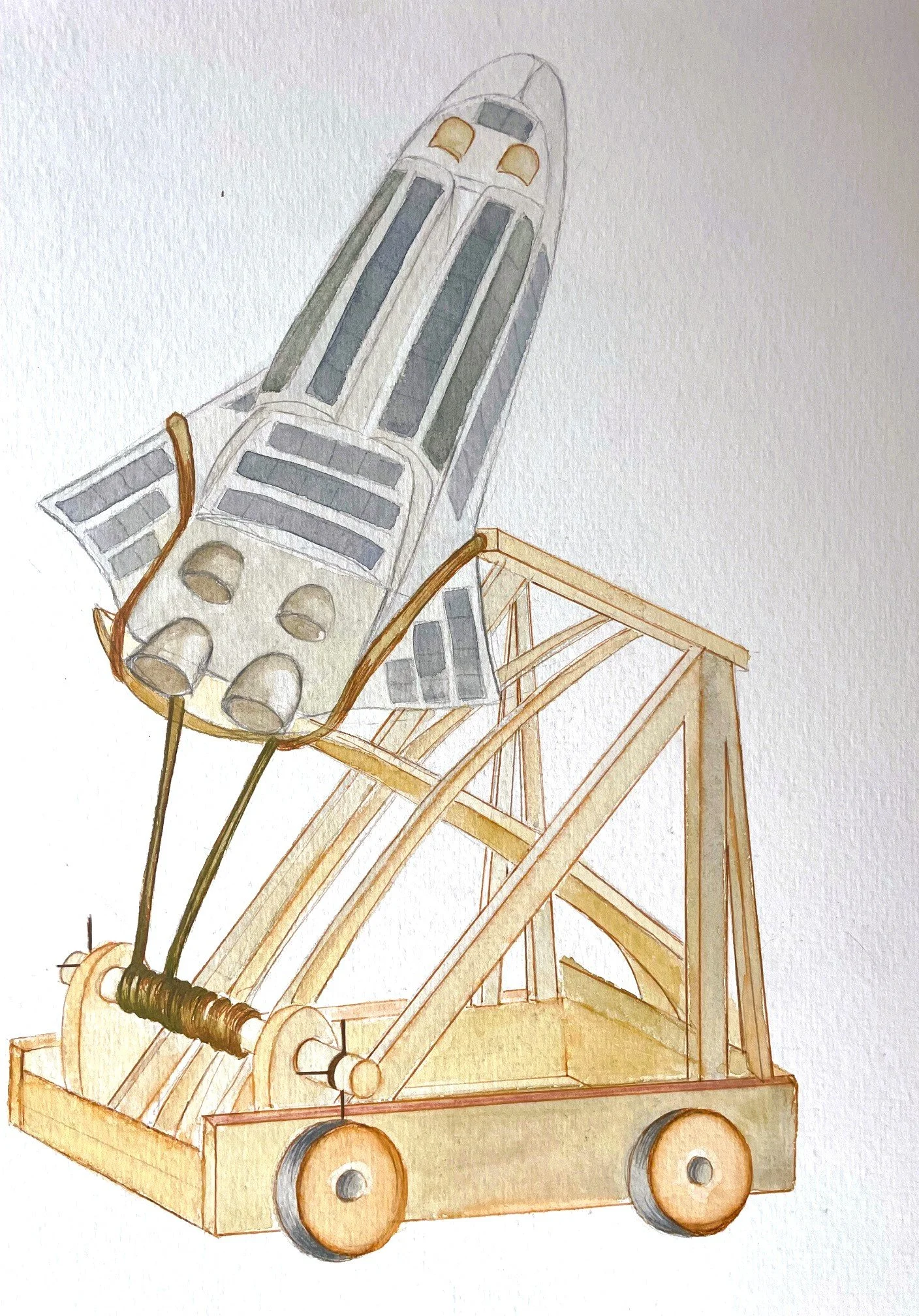 A watercolor illustration of a wooden device resembling a catapult, with an aircraft ready to be launched.