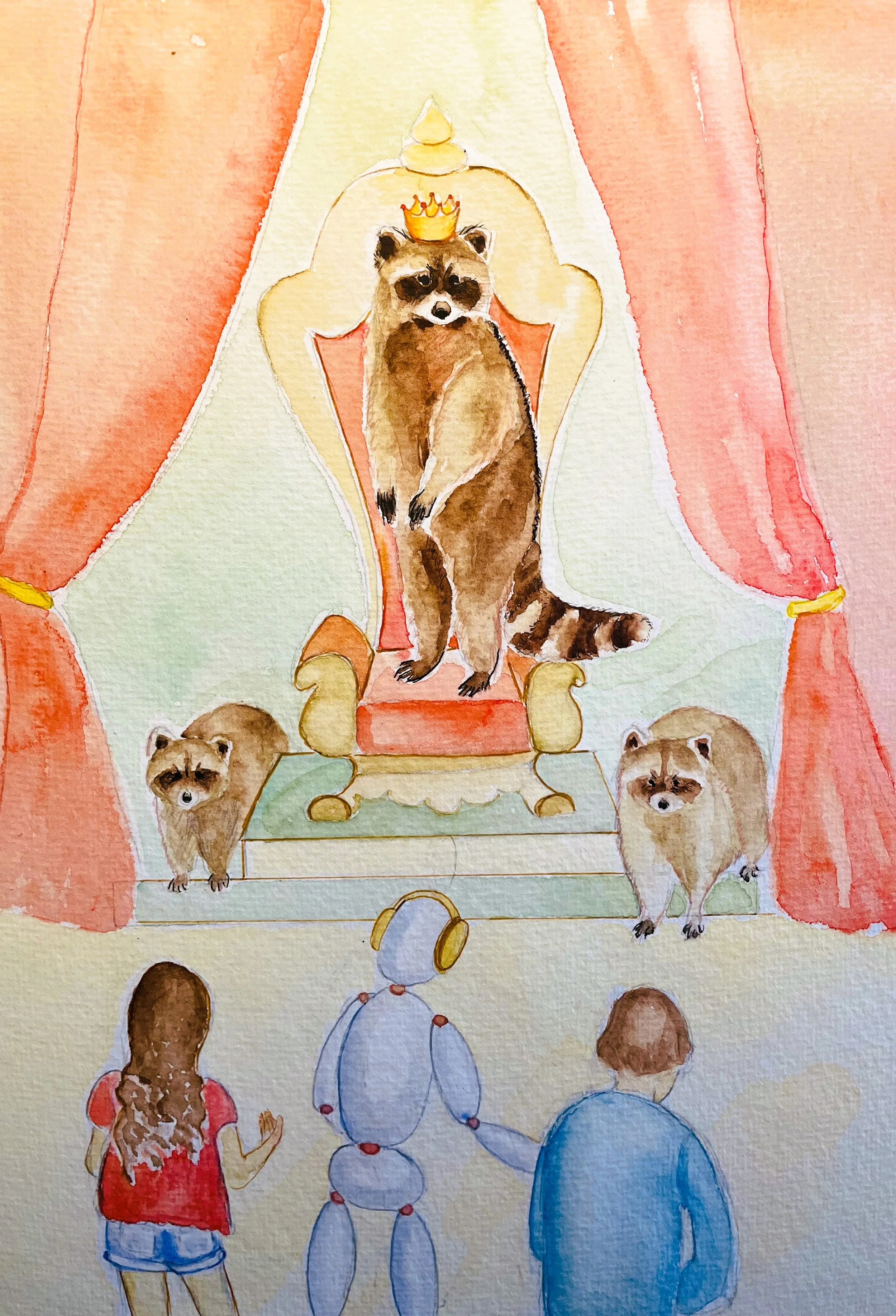 Watercolor painting of a royal scene with a raccoon wearing a crown perched on a throne, surrounded by puppies and children, with festive balloons and streamers.