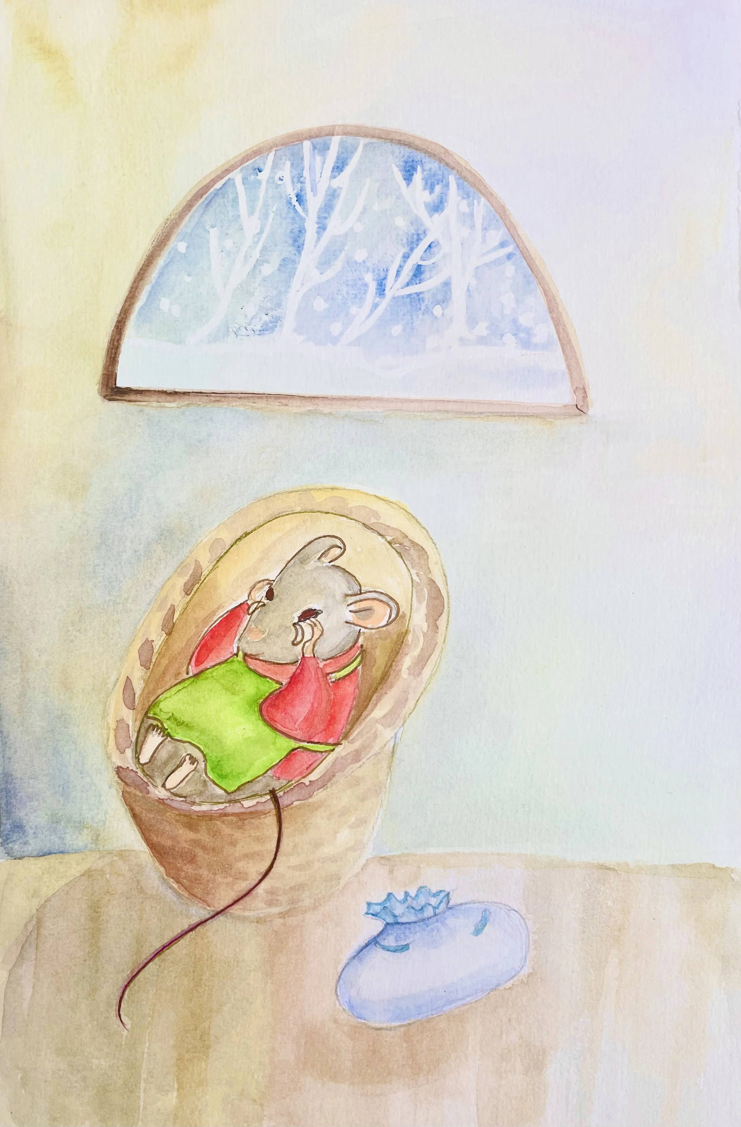 A watercolor painting of a mouse wearing a red pullover and green apron, trying to sleep in a chair while crying. Through the window, a snowy winter scene with trees can be seen.