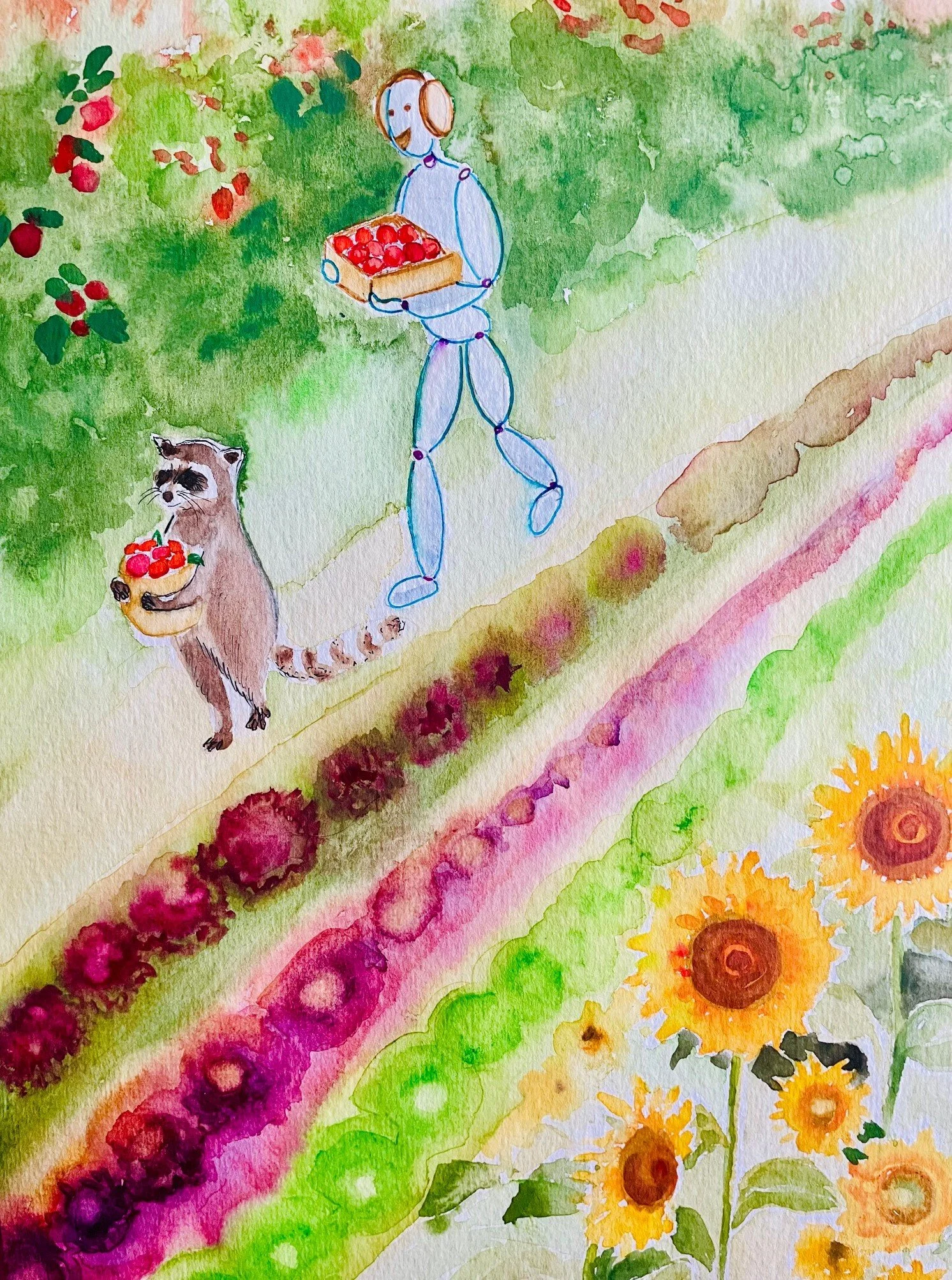 Watercolor painting of a robot holding a box of red berries and a raccoon holding a bowl of red berries, walking along a colorful garden path with flowers and greenery.