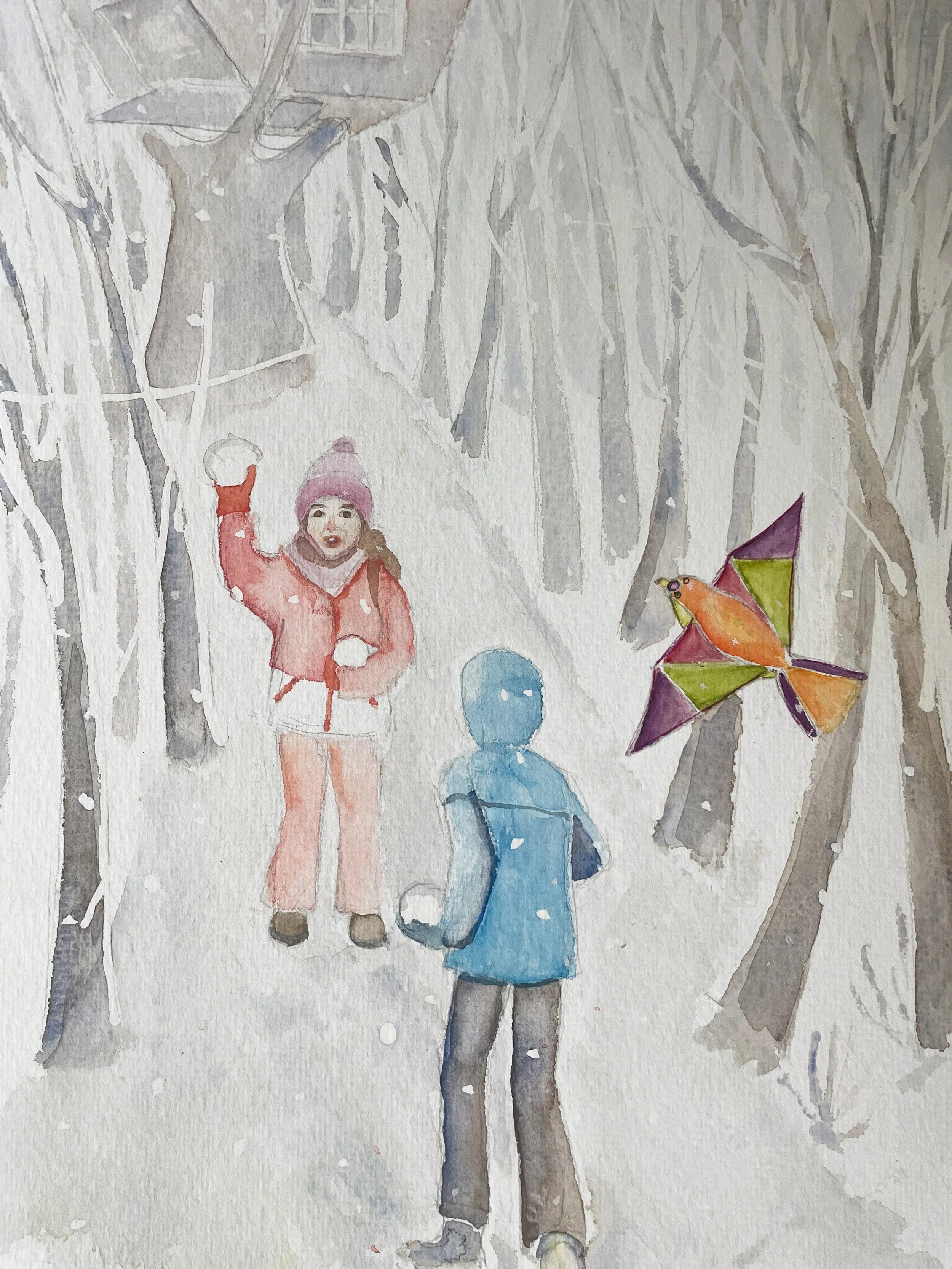 Watercolor painting of two children in winter clothing walking on a snowy path through a forest with leafless trees. One child is reaching up, holding a snowball, and the other is holding a colorful kite. The scene is peaceful and outdoor winter acti