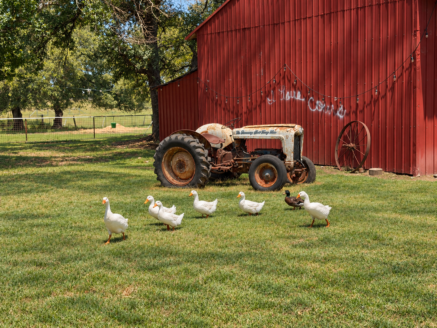 A rusty tractor parked on a grassy farm yard in front of a red barn with string lights and a wheel leaning against it, with six white ducks and one brown duck walking on the grass.