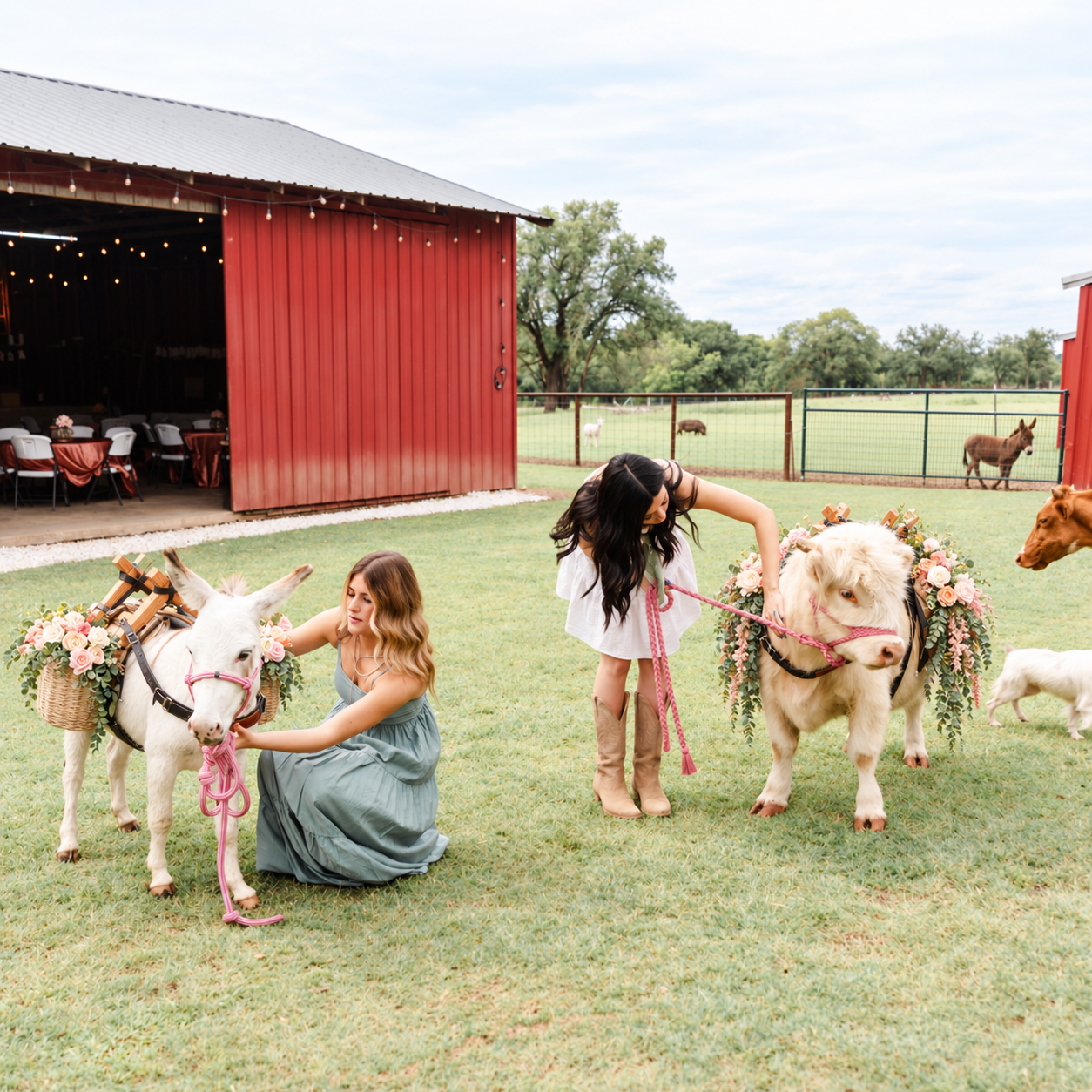 Two women decorating horses with flower arrangements on a farm, with a red barn and a pasture with donkeys and goats in the background.