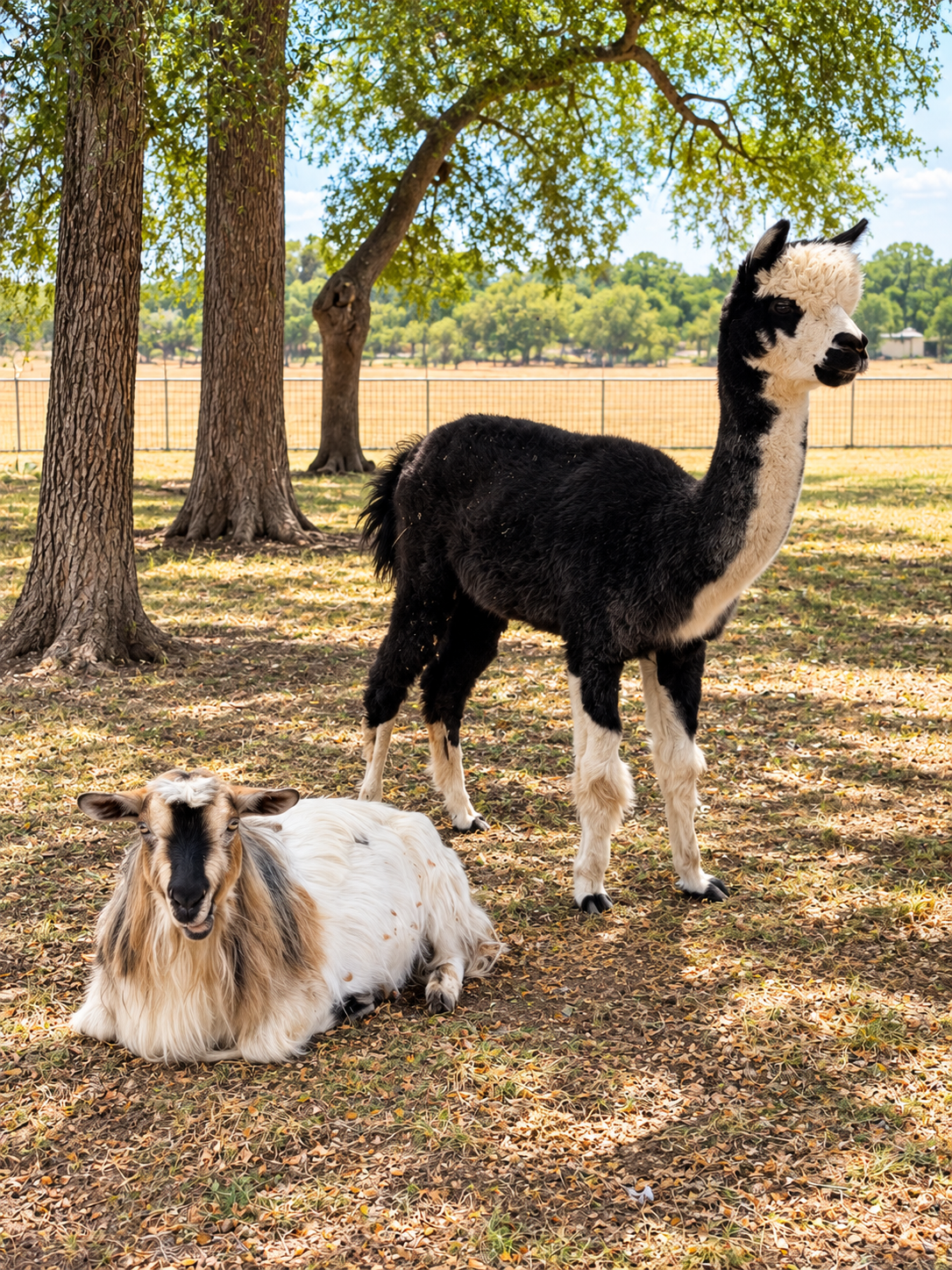 A black and white alpaca standing on grass with a tan and white silky fainting goat lying on the ground nearby, under a tree in a fenced outdoor area.