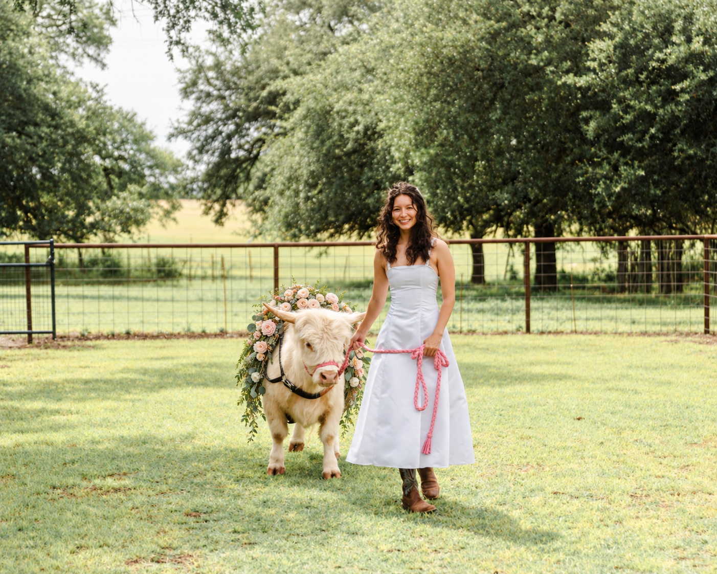 A woman in a white dress holding a pink rope leash stands next to a decorated white steer with pink flowers and a rose gold horn, outdoors on grass with trees and a fence in the background.