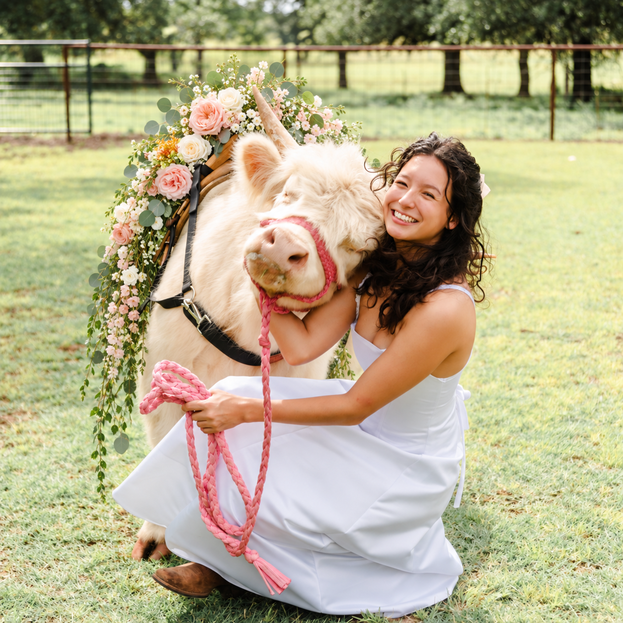A woman in a white dress hugging a smiling highland cow with a flower-adorned saddle in a grassy outdoor setting.