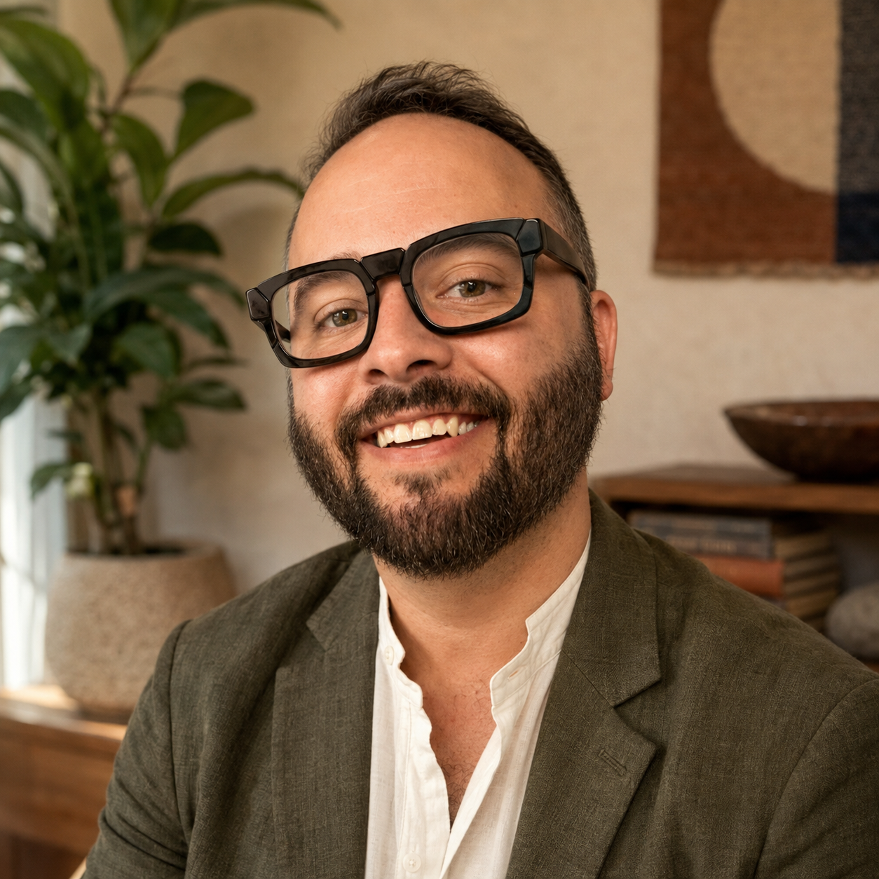 Portrait of a smiling man with glasses, beard, and mustache, wearing a suit jacket and white shirt, in a cozy indoor setting with plants and gallery wall art. Jonathan Del Valle, LCSW | Atlanta Therapist