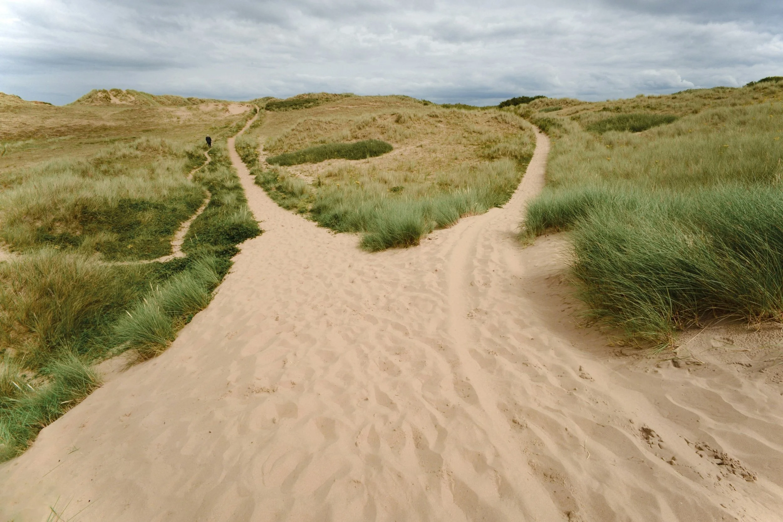 Dirt paths crossed by grassy hills under cloudy sky. Jonathan Del Valle, LCSW | Atlanta Therapist