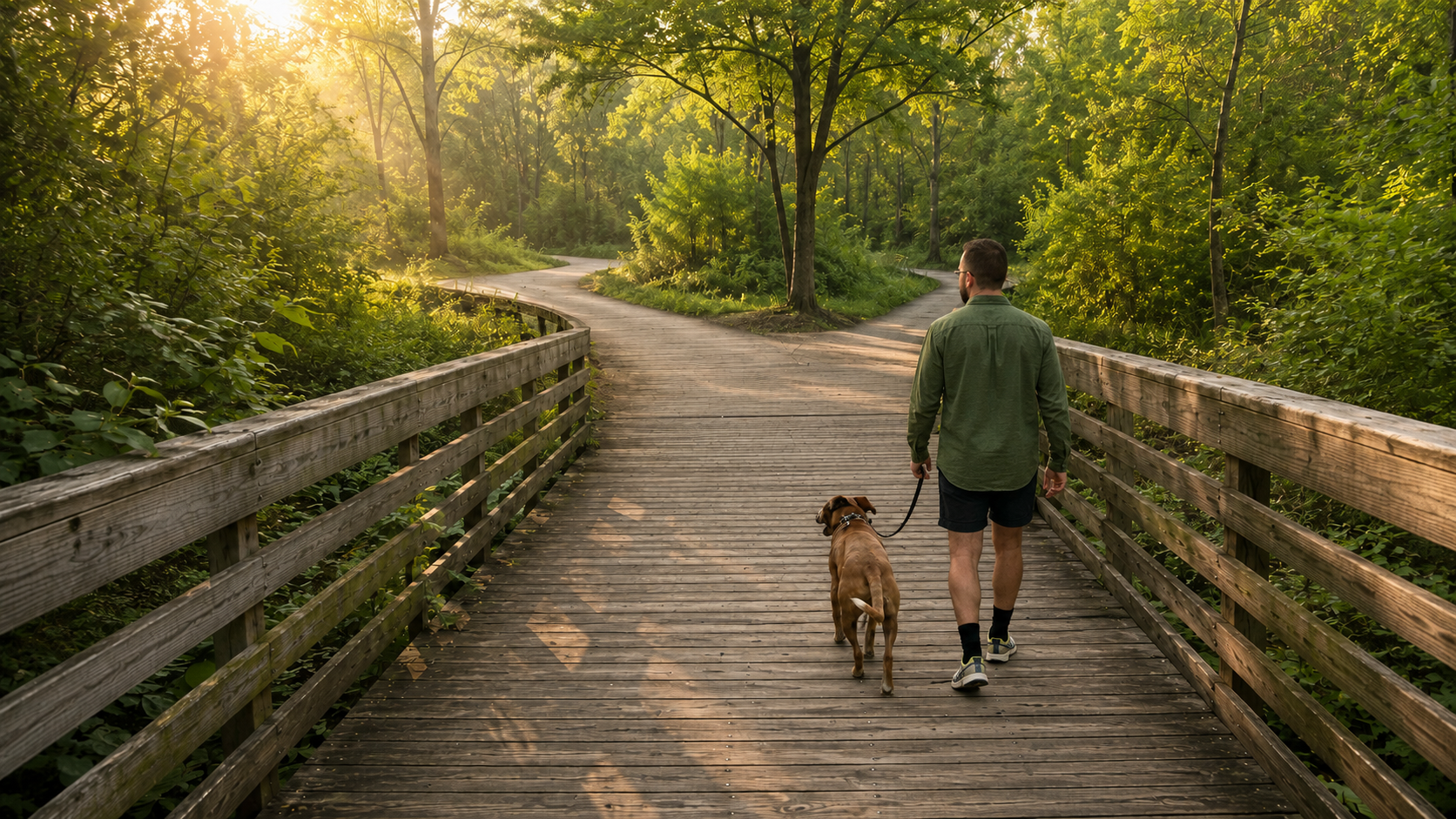 A man walking his dog along a wooden trail in a forest during sunset. Jonathan Del Valle, LCSW | Atlanta Therapist