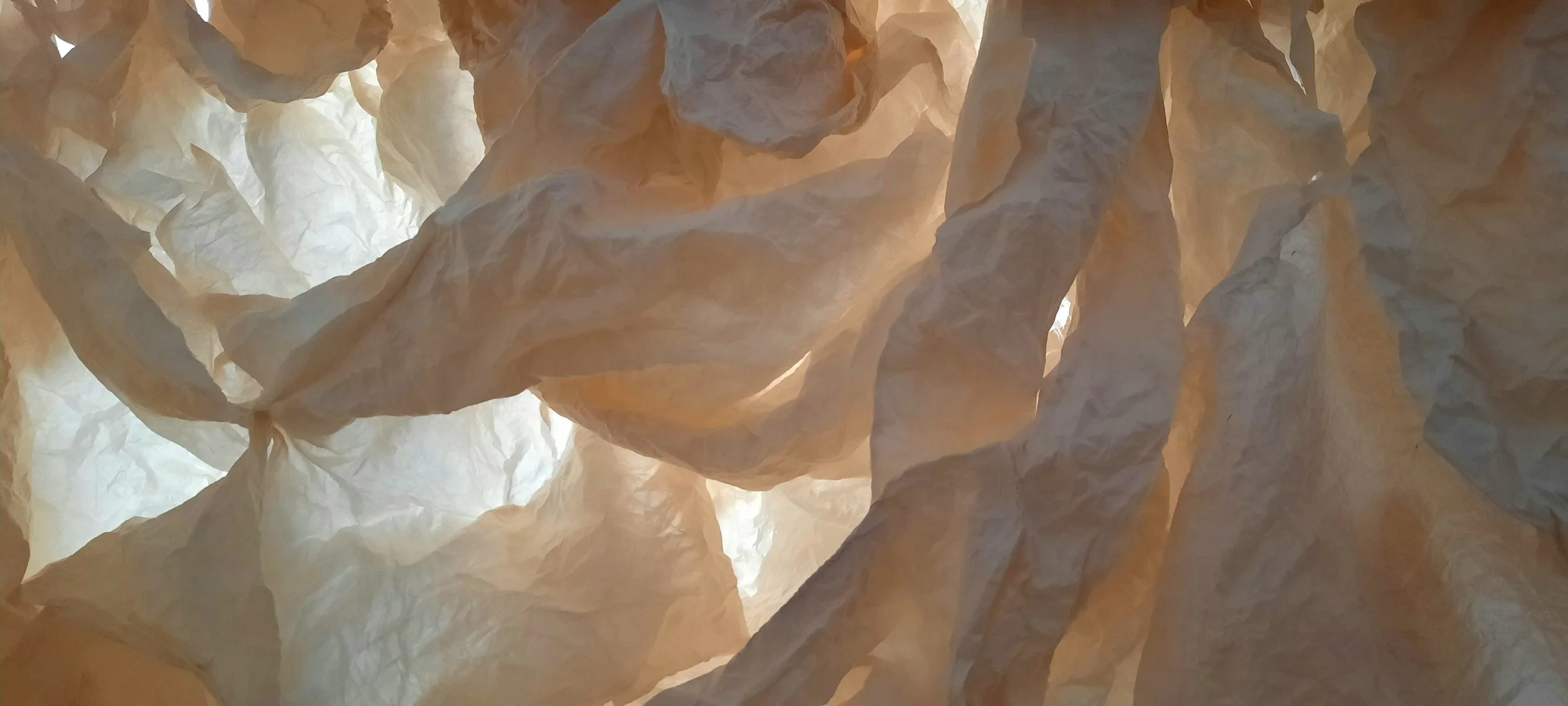 Close-up of crumpled white and beige paper with light filtering through from behind.