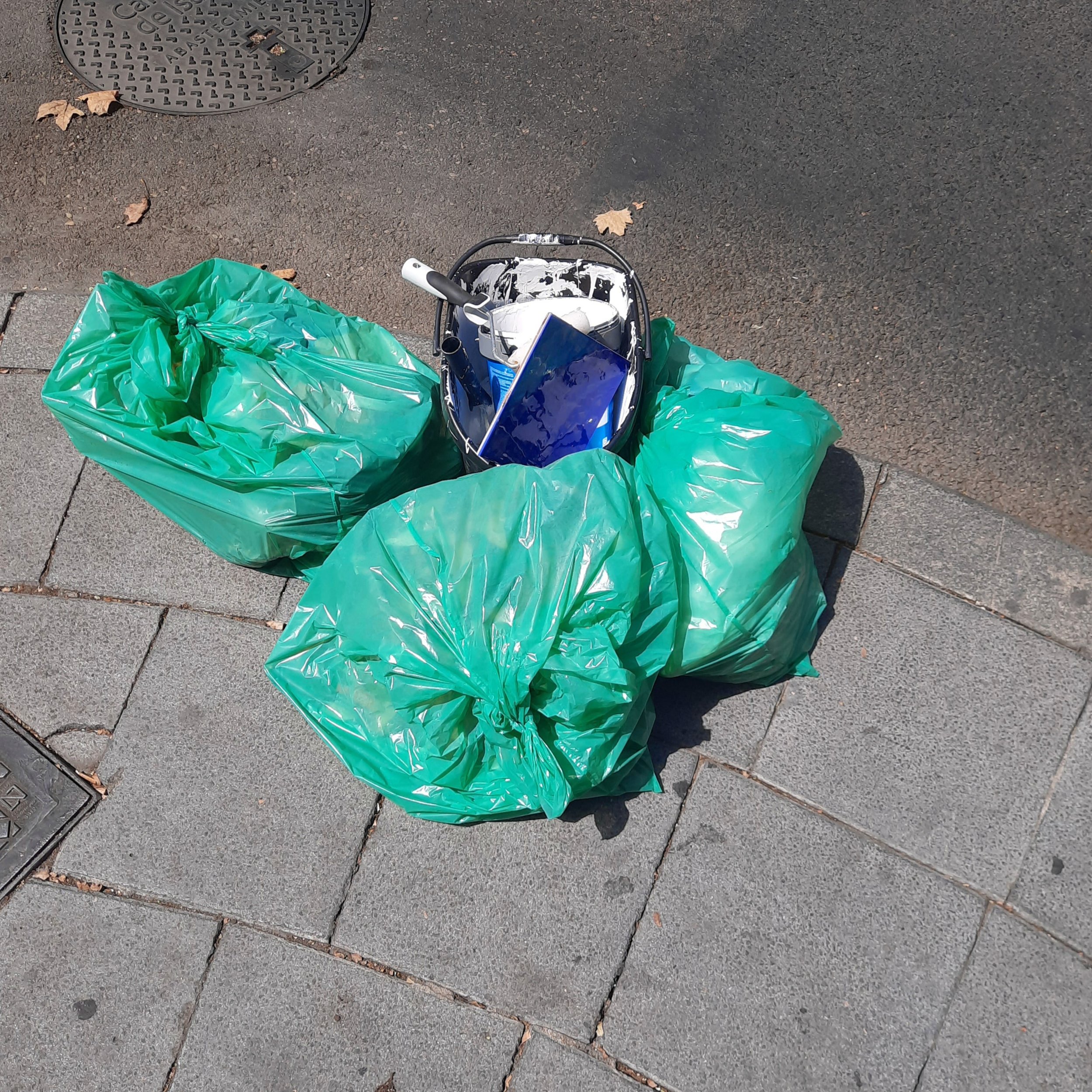 A sidewalk with scattered dry leaves, a manhole cover, and a pile of green garbage bags containing trash and a blue recycling bin lid.