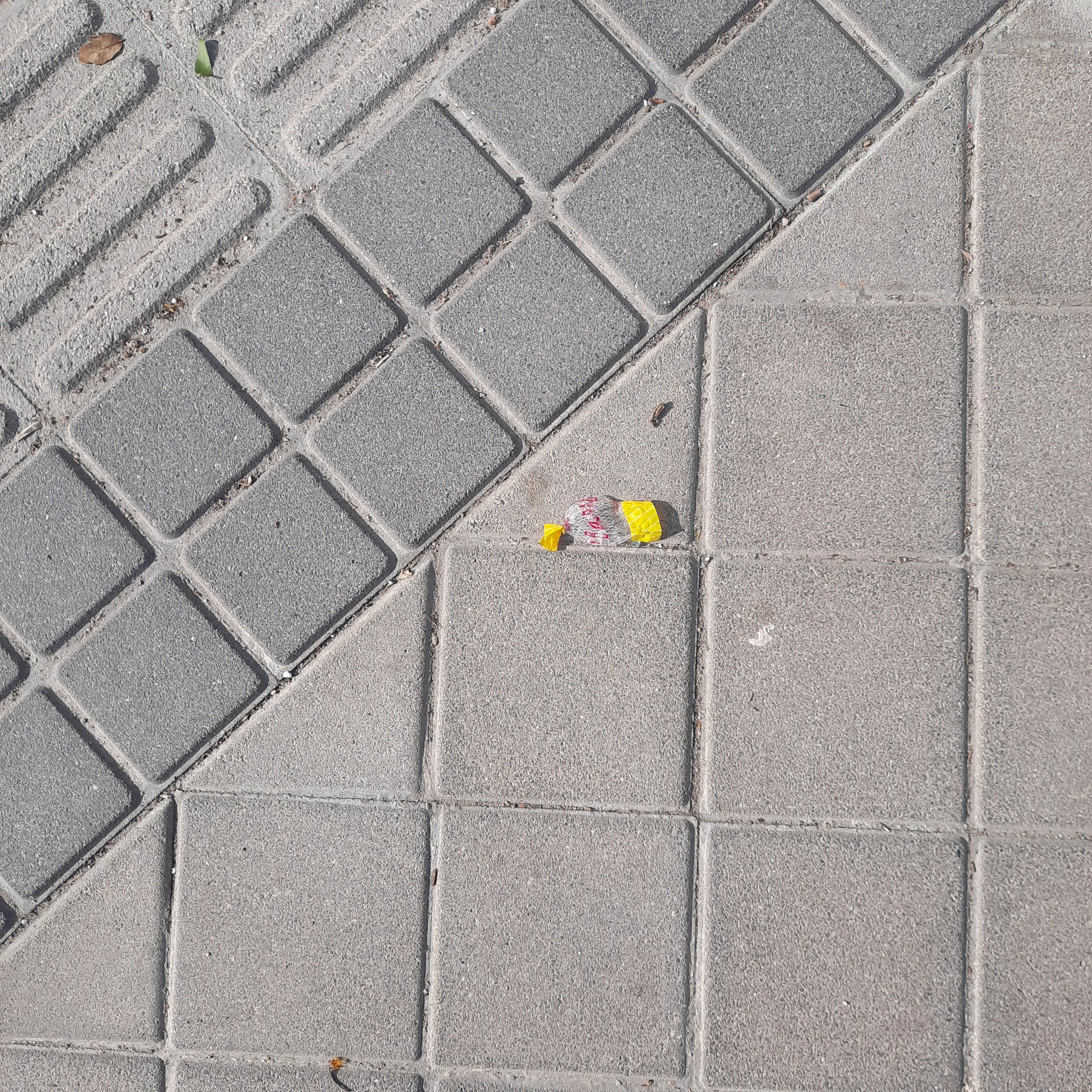 Gray concrete sidewalk with square tiles and a few scattered leaves and trash.