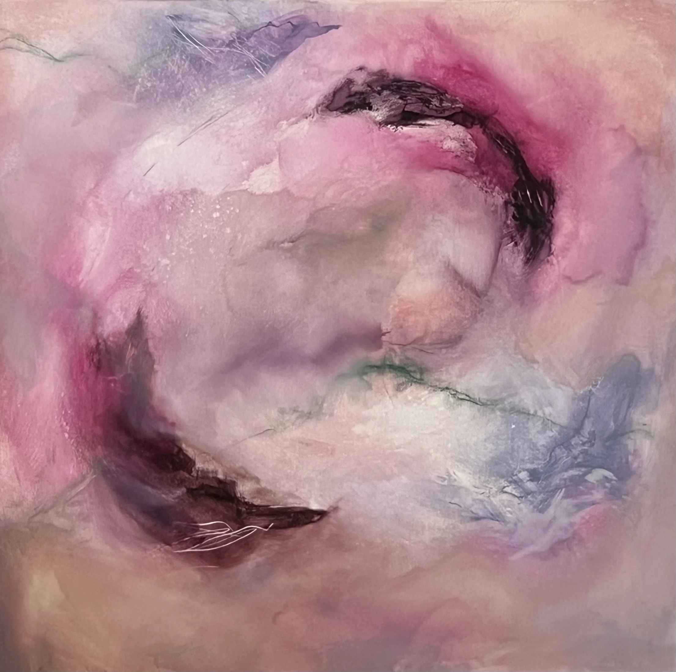 Abstract painting with pink and purple background, deep burgundy organic shapes, deep green linework and a glazed, layered finish