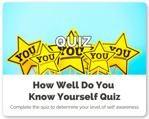 Colorful graphic with yellow stars featuring the words 'You' and 'Quiz Out', and text that reads 'How Well Do You Know Yourself Quiz' with a subtitle 'Complete the quiz to determine your level of self awareness'.
