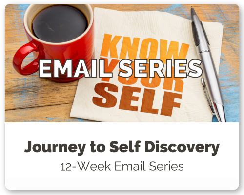 A red coffee mug filled with coffee, a white notebook with orange text that reads "Know Yourself," a silver pen, and text indicating an email series about self-discovery.