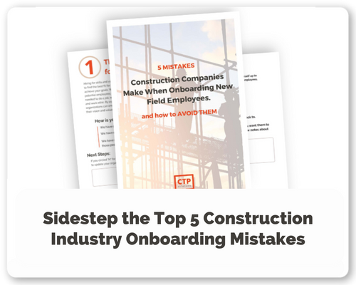 A booklet titled '5 Mistakes Construction Companies Make When Onboarding New Field Employees and How to Avoid Them' with a background of construction site scaffolding and a worker.