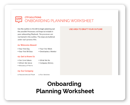 An onboarding planning worksheet document titled 'Onboarding Planning Worksheet' with sections including Welcome Aboard, Get to Know Us, and Our Company, featuring bullet points under each section and a blank area for drafting an outline.