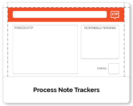 A process note tracker form with sections for process step, responsible persons, step number, and a header in orange, featuring the CTP logo.