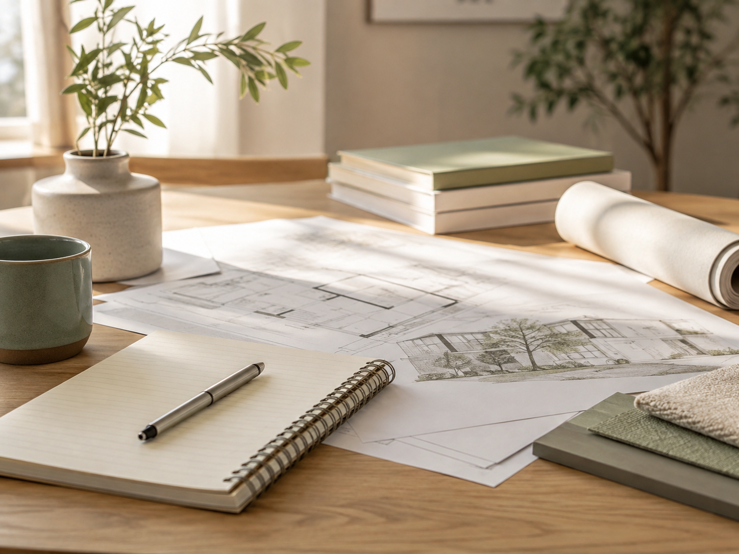 Architectural plans and design sketches on a wooden table with notebooks, a pen, a green mug, a beige towel, and a potted plant in a bright room.