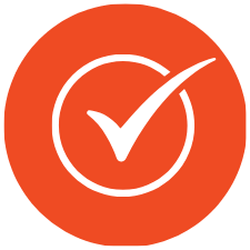 A white checkmark inside a white circle on a red background.