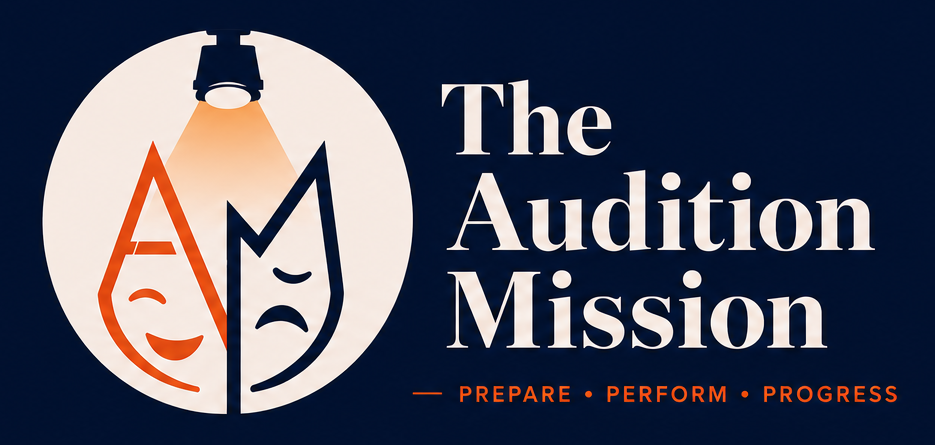 Logo featuring two theater masks, one happy and one sad, illuminated by a spotlight, with the text "The Audition Mission" and the tagline "Prepare, Perform, Progress".