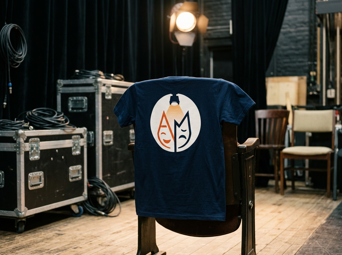 A dark blue t-shirt with a printed logo of a smiling flame and a frowning mask, hanging on the back of a wooden chair in a backstage or studio setting with stage lights, cables, and chairs.