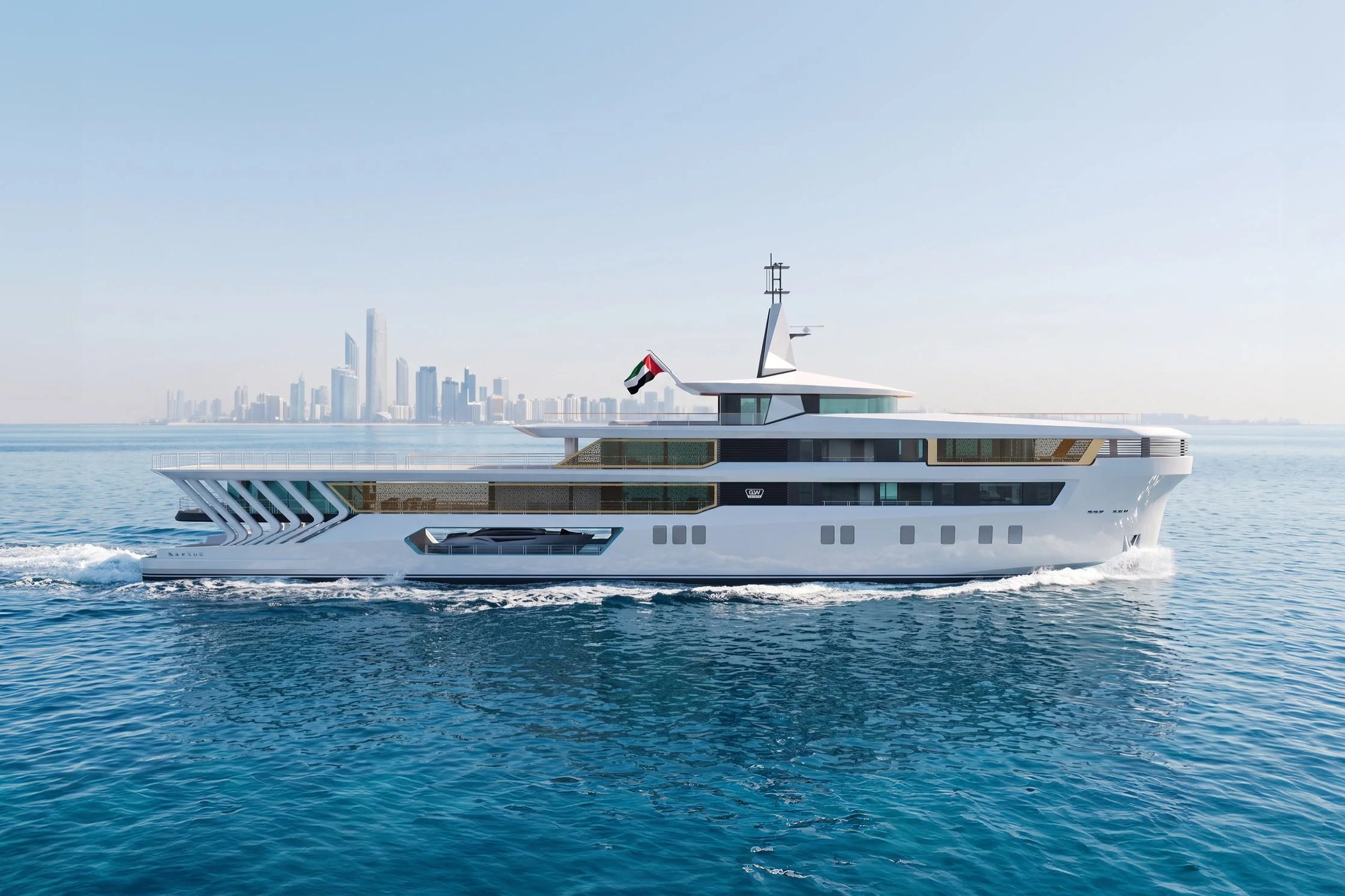 A modern luxury yacht sailing on the water with a city skyline in the background under a clear sky.
