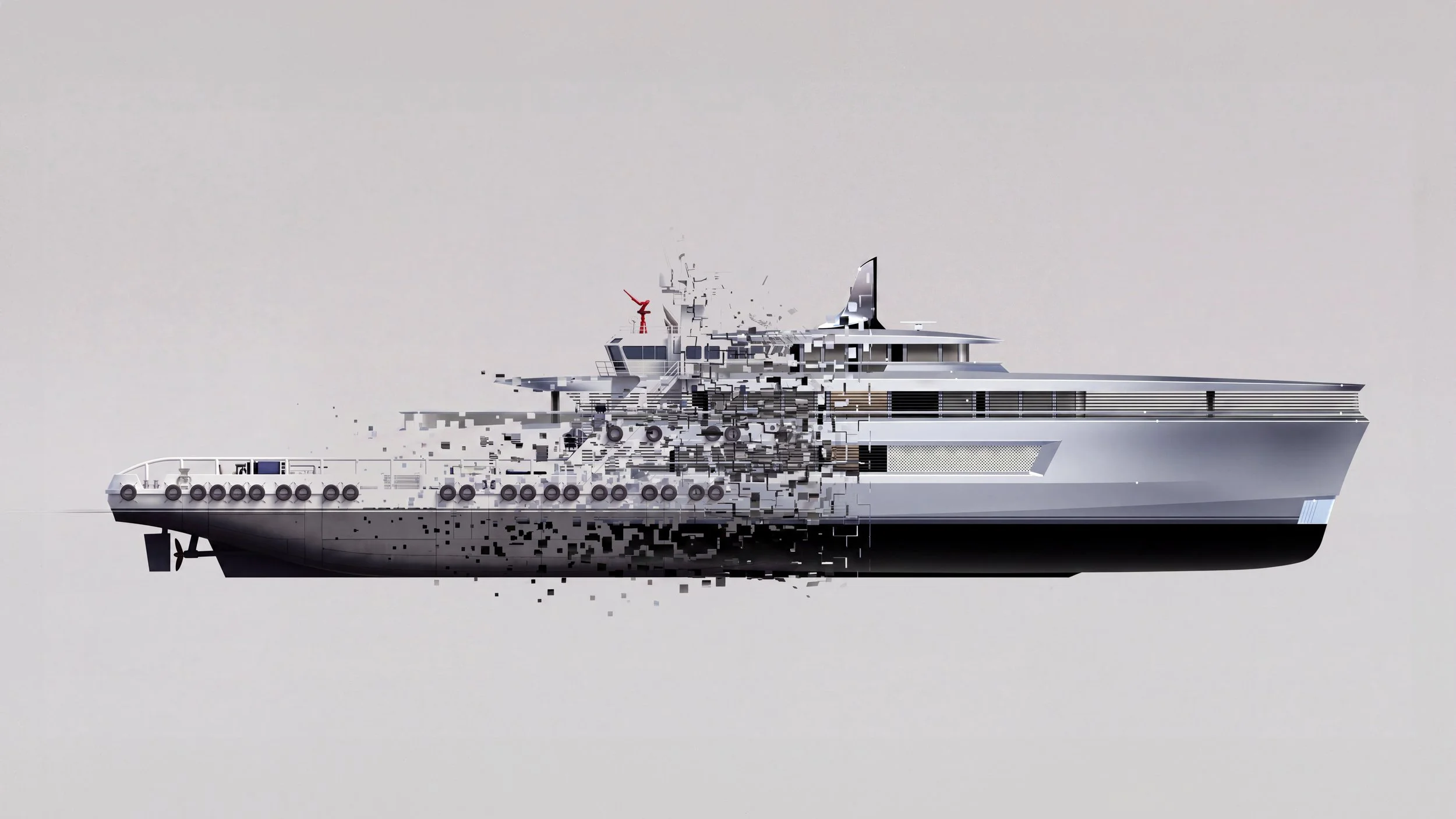 A digital rendering of a modern cruise ship with a pixelated effect, showing a white exterior, multiple decks, and a red crane on top, set against a plain background.