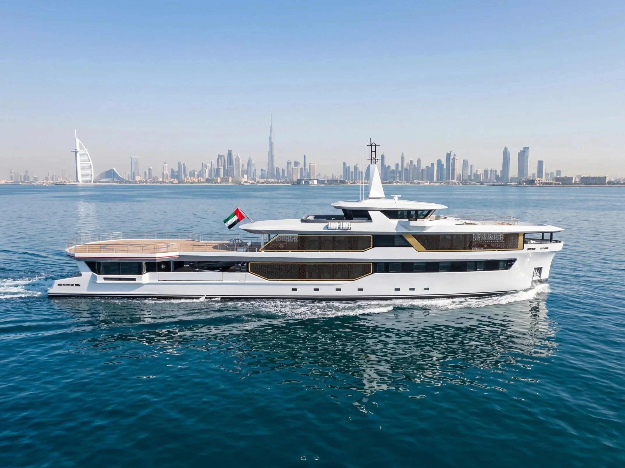 A luxury yacht sailing on calm water with a city skyline featuring modern skyscrapers, including the Burj Khalifa, in the background.