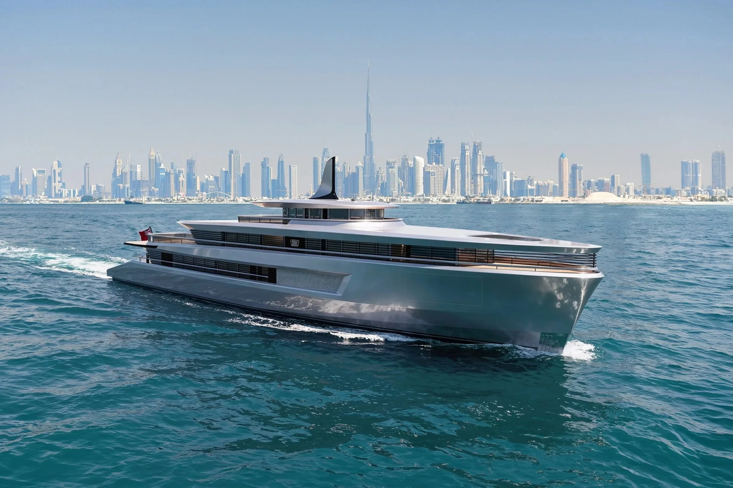 Luxury yacht on the water with a city skyline in the background, featuring tall skyscrapers including the Burj Khalifa.