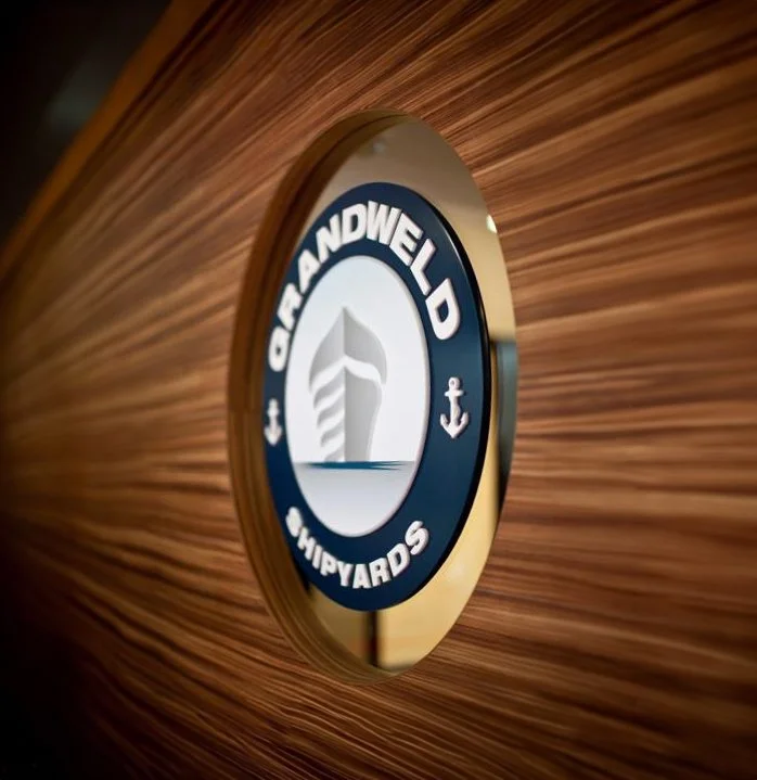 Close-up of a wooden wall with a round sign that says "Cleveland Whirpools" with an anchor symbol in the center.
