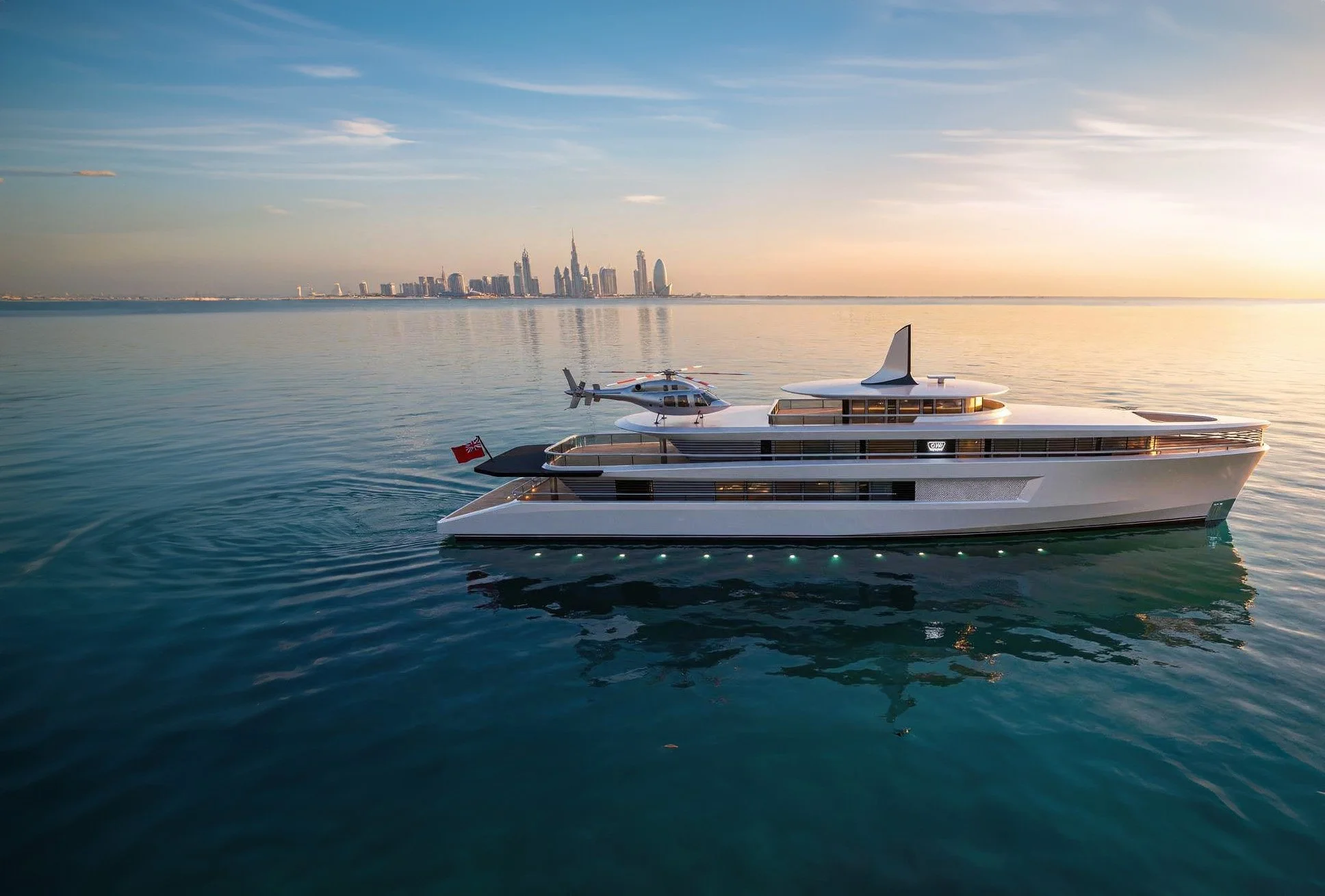 A modern luxury yacht with an aircraft on its helipad, sailing in a calm body of water with a city skyline in the background during sunset.