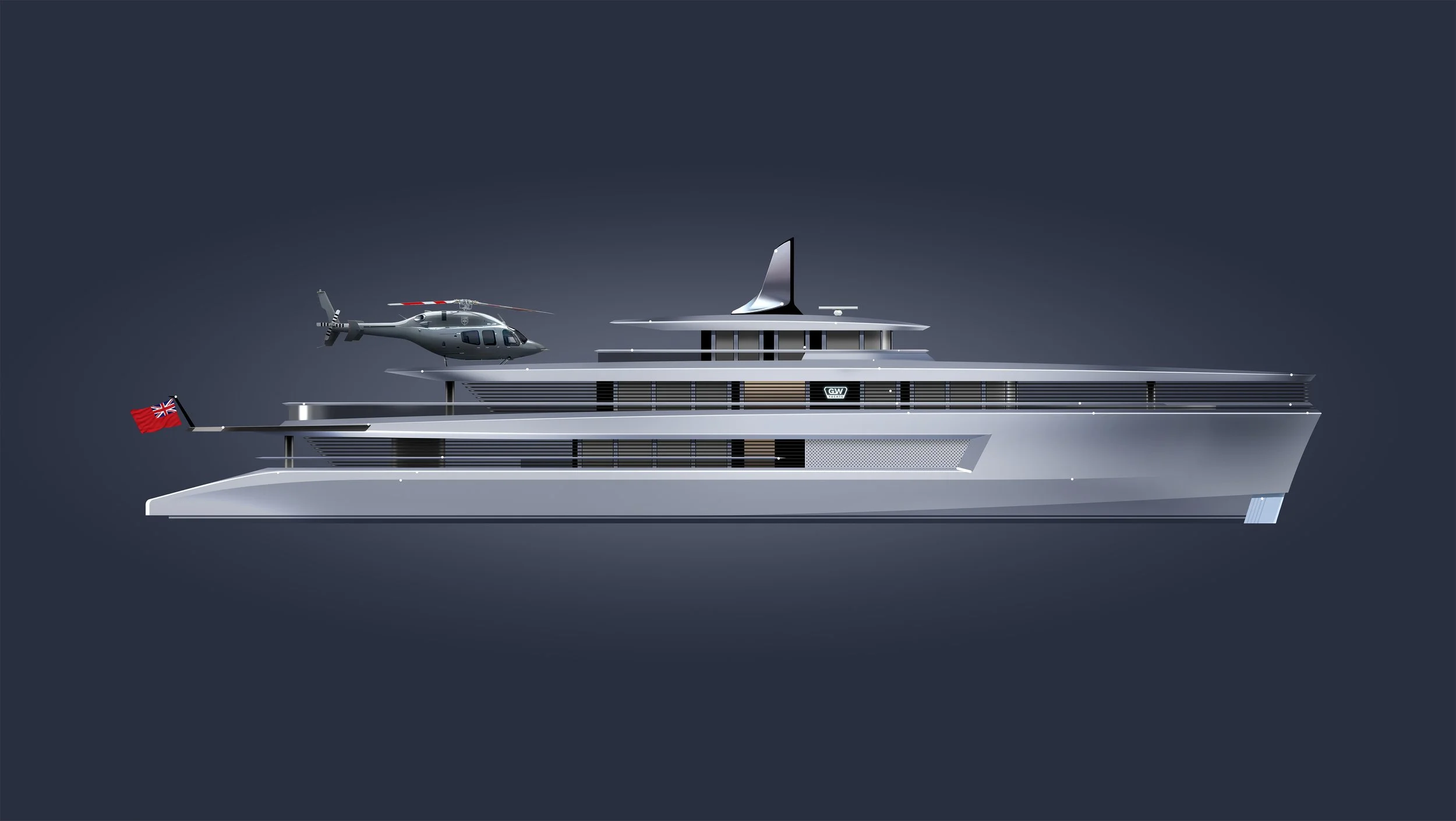 A luxury yacht with a helicopter on its helipad, a large sail, and a red British flag at the stern, set against a dark background.