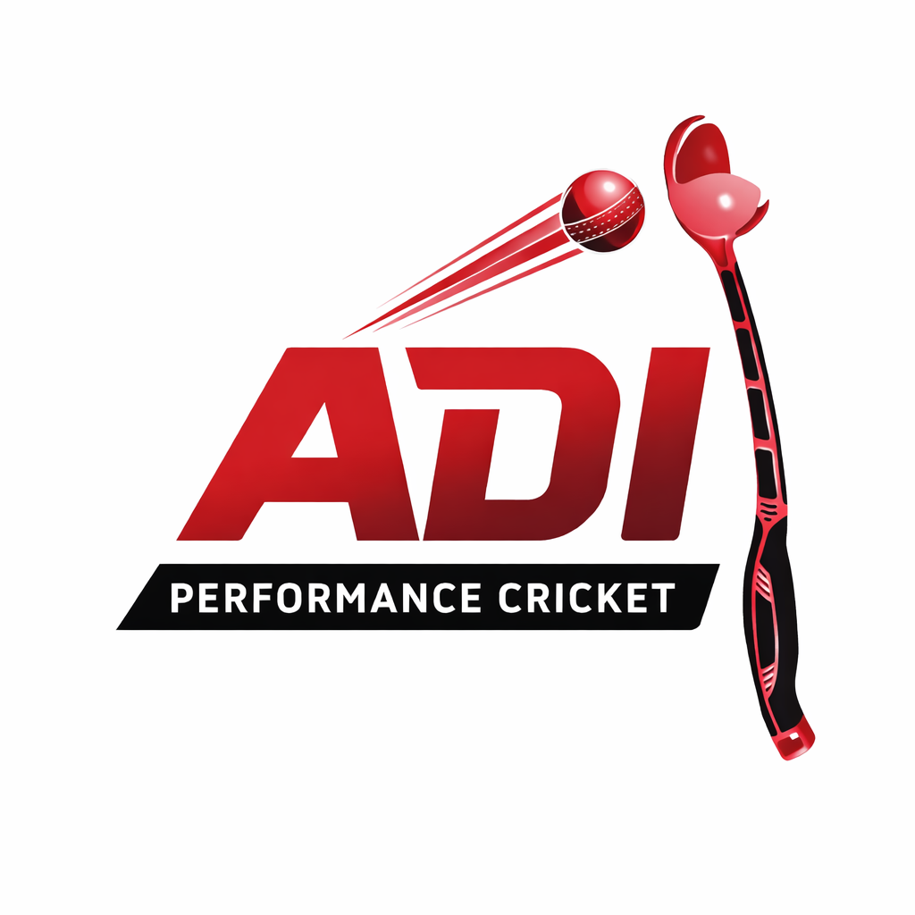 The logo for ADI Performance Cricket features a red cricket ball with movement lines moving towards a cricket bat, with the text 'ADI' in large red letters and 'Performance Cricket' underneath in white on a black background.