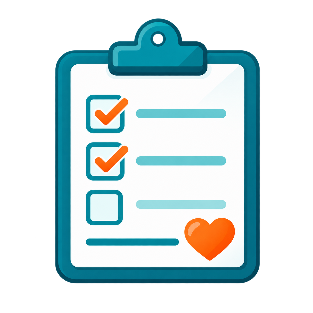 Illustration of a clipboard with a checklist, two boxes checked, one box unchecked, and a heart icon at the bottom.