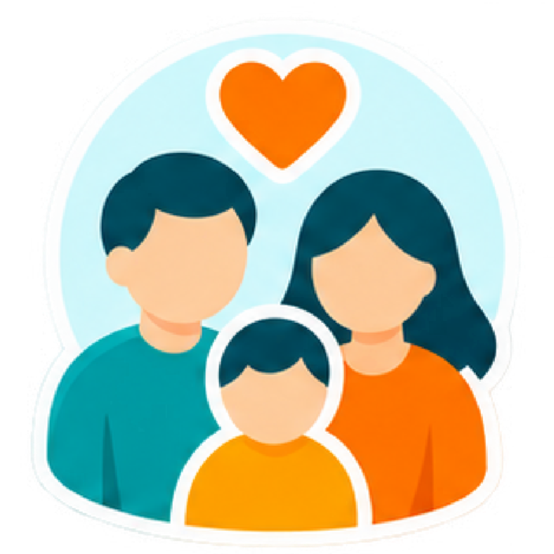 Illustration of a family with a father, mother, and child, with a red heart above them, symbolizing love and family bond.