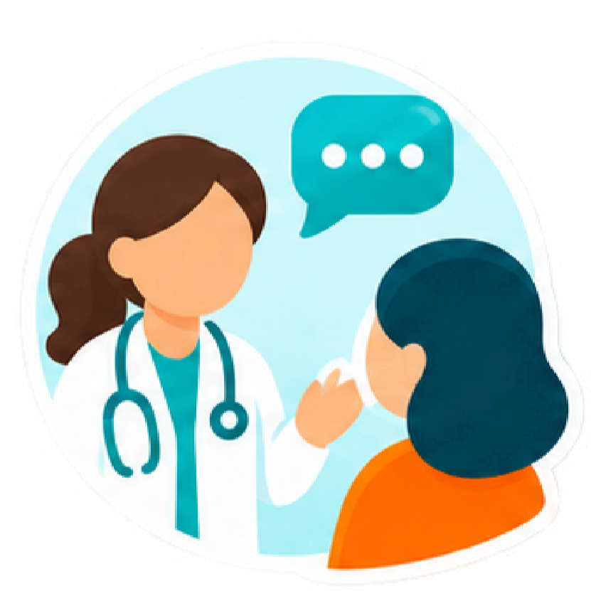 Illustration of a female doctor talking to a female patient, with a speech bubble indicating communication.