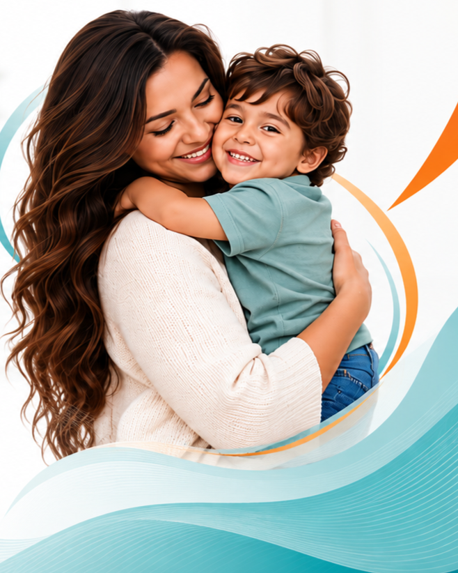 A woman with long wavy brown hair smiling and hugging a young boy with curly brown hair, both looking happy and affectionate against a white background with colorful wave-like graphics.