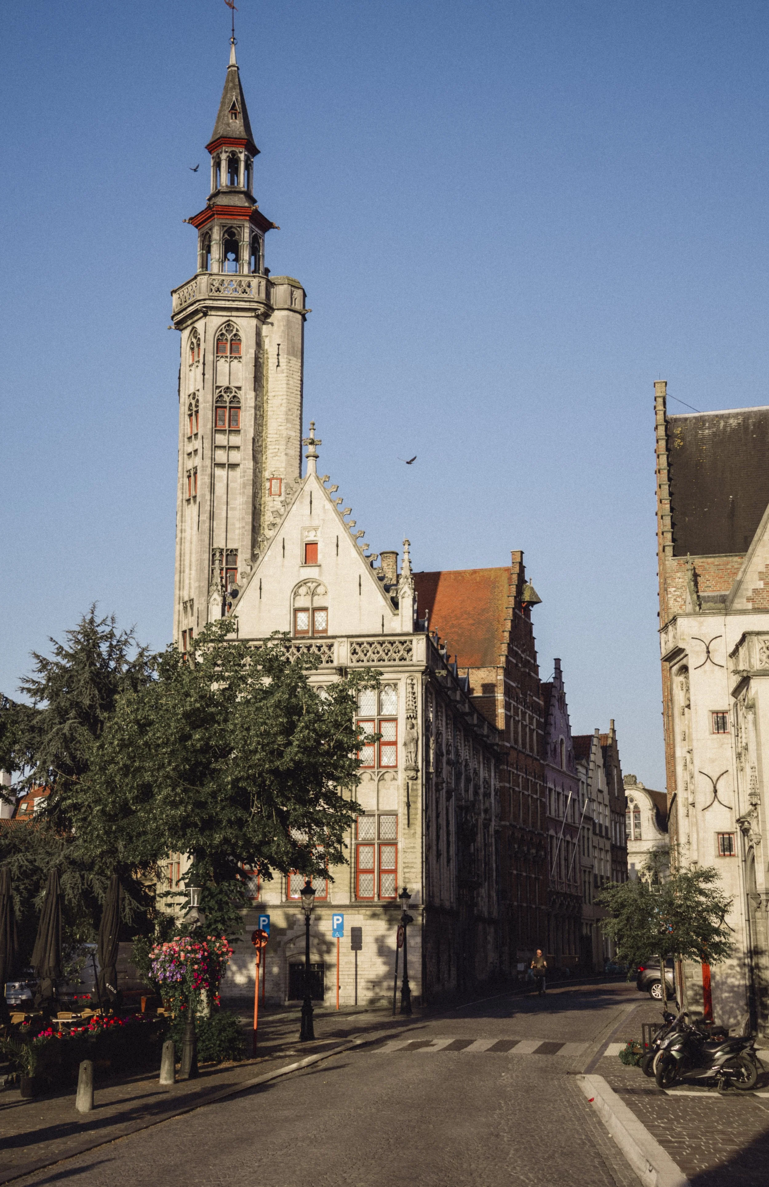 A historic European town square with a tall church steeple, ornate buildings, and street parking. Trees and flowers are visible in the foreground, and the sky is clear and blue.