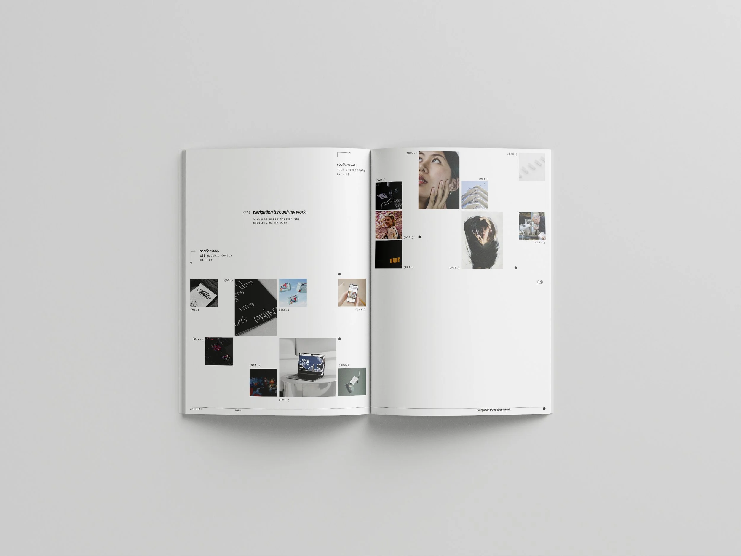 Open magazine laying flat on a white surface, featuring pages with images and text related to photography and graphic design.