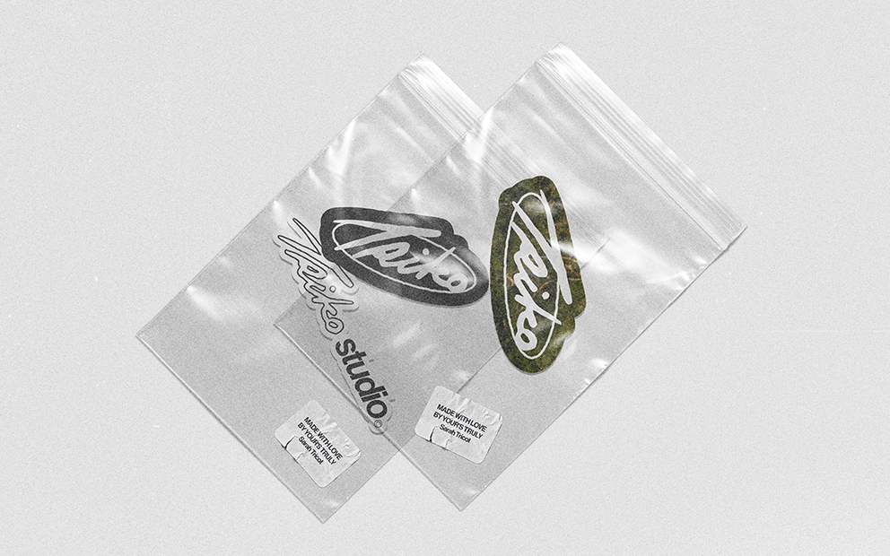 Two transparent plastic bags with stickers that read 'Paint' and 'Art' laid on a gray surface.