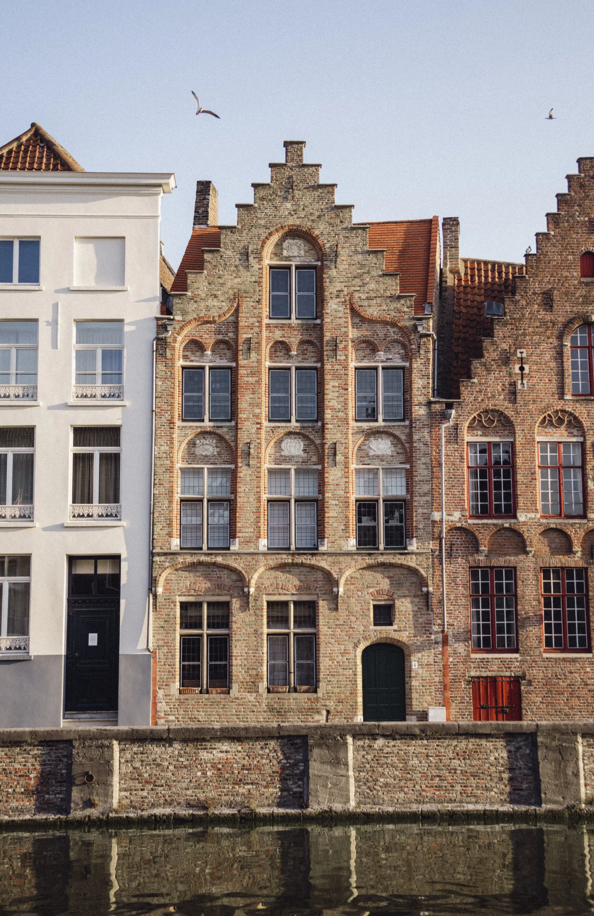 Urban row of historic brick and white buildings along a canal with reflections in the water, and seagulls flying overhead.
