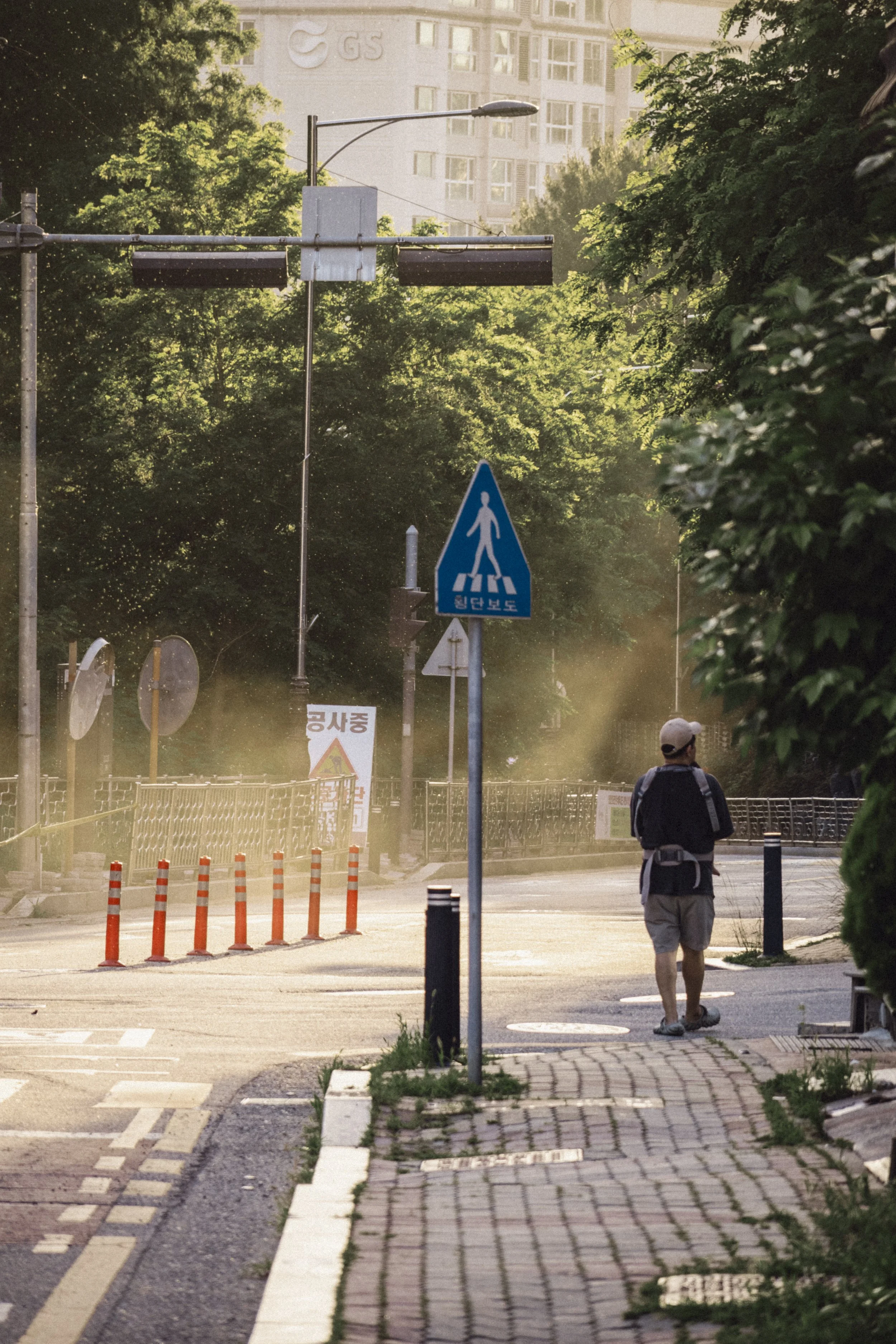 A man with a backpack walking on a sidewalk near road construction barriers and traffic signs in an urban area with trees and tall buildings in the background.
