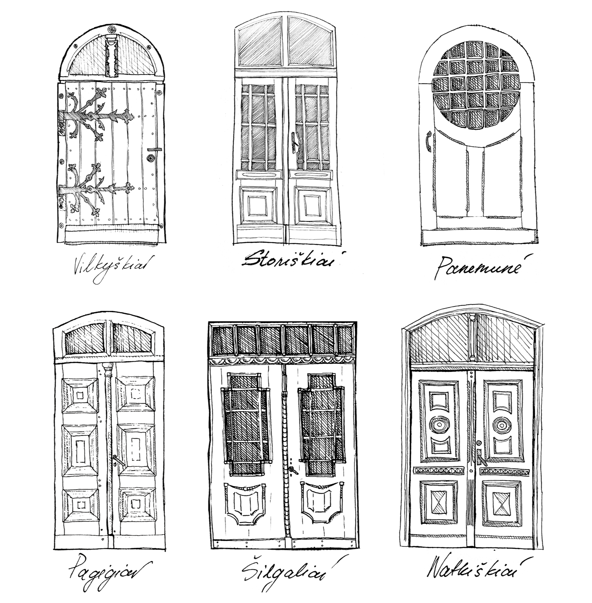 Line drawing of four wooden chairs with carved details, arranged under a large window with decorative grid pattern, with handwritten labels 'Papgira', 'Pompeiane', 'Naïla's Chair', and 'Poeira'.