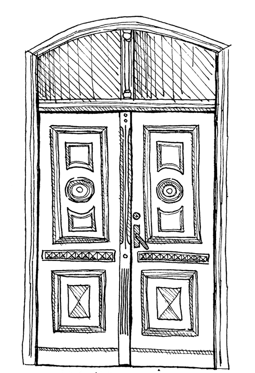 Hand-drawn sketch of a double wooden door with decorative panels and a rounded top, with a black background.