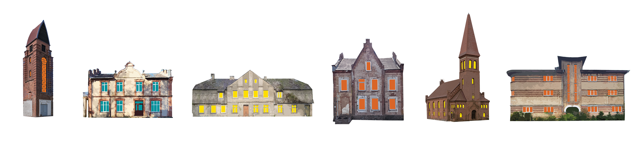 Row of old, historic buildings with varied architectural styles, including a lighthouse, a mansion, a house, a church, and a castle-like structure, set against a black background.