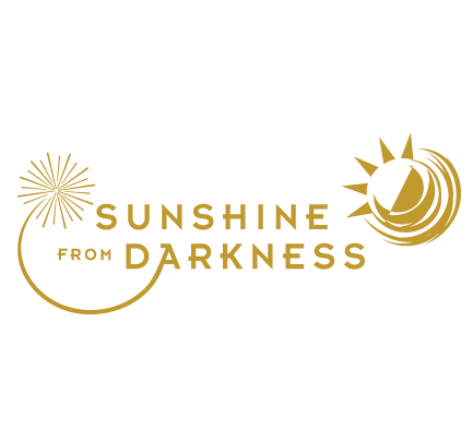 Golden logo with a firework, crescent moon, and the text 'Sunshine from Darkness' on a black background.